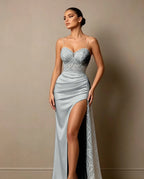 Cocoslly Spaghetti Straps Sleeveless High Waist Long Prom Dress With Split And Beading Pearls | Dark Green Satin LX0098