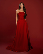 Satin Strapless Sleeveless High-Waisted Long A-Line Prom Dress With Beadings YK0662