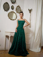 Square Neck Spaghetti Straps Sleeveless Long A-Line Prom Dress With Sequins And High Beadings YK0573