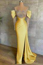 Cocoslly Off-The-Shoulder Long Lace Sleeves Long Split Mermaid Prom Dress With Beaded Applique Embroidery | Pink Satin ED0148