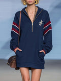 Retro Sporty Navy Star-Embroidered Hooded Half-Zip Long-Sleeve Sweatshirt Mini Dress