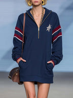 Retro Sporty Navy Star-Embroidered Hooded Half-Zip Long-Sleeve Sweatshirt Mini Dress