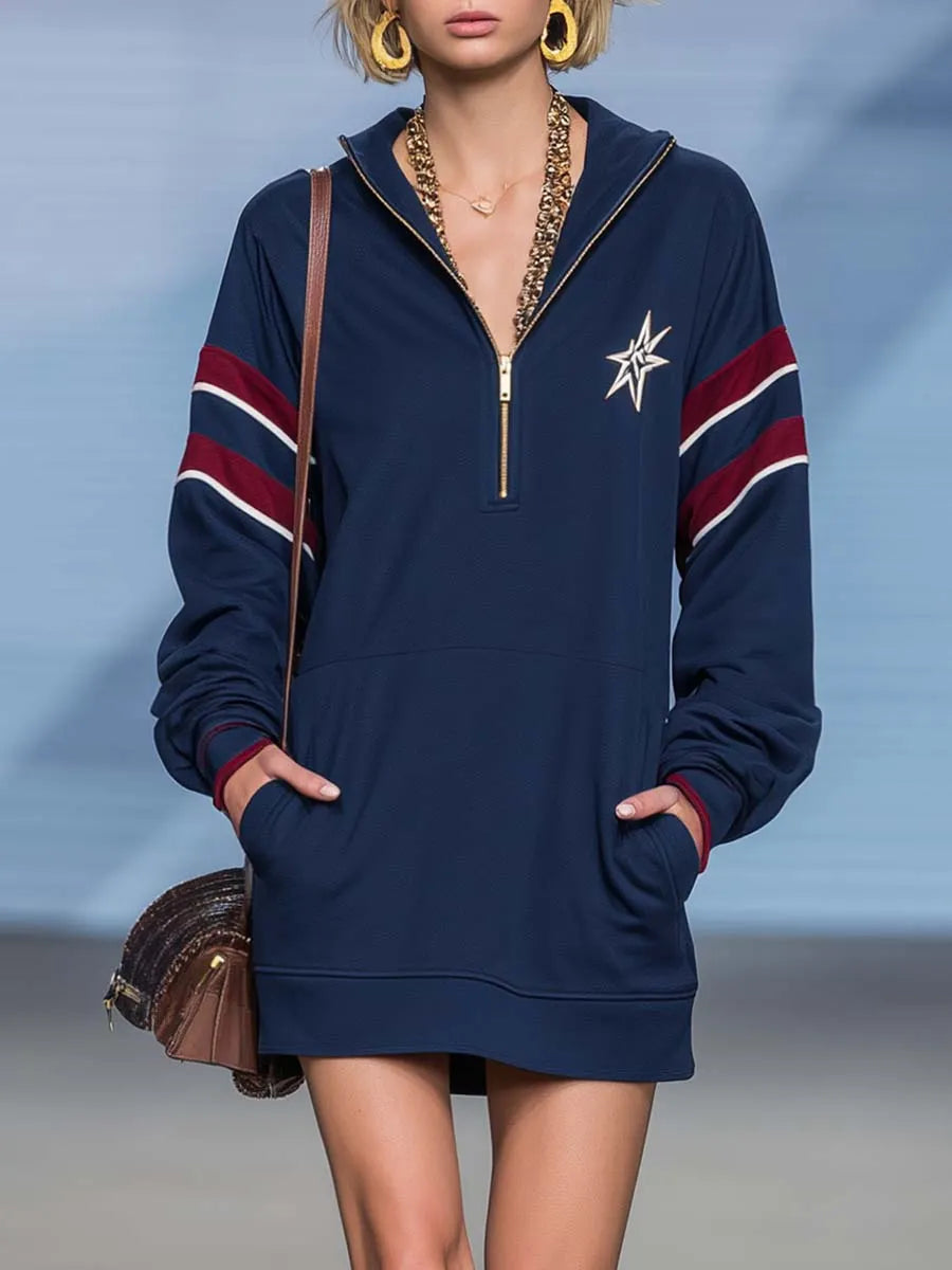 Retro Sporty Navy Star-Embroidered Hooded Half-Zip Long-Sleeve Sweatshirt Mini Dress