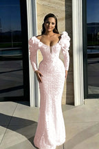 Cocoslly Strapless Long Sleeves High Waist Long Mermaid Prom Dress With Rhinstone And Flowers | Red Sequins WQ0744