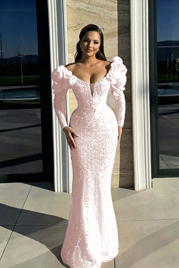 Cocoslly Strapless Long Sleeves High Waist Long Mermaid Prom Dress With Rhinstone And Flowers | Red Sequins WQ0744