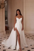 Cocoslly Strapless Sleeveless High Waist Long Prom Dress With Split | White Chiffon MS0738