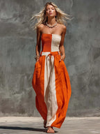 Casual Fashion Strapless Orange And Off-White Contrast Cotton-Linen Jumpsuit