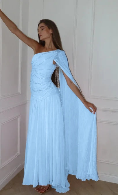 Cocoslly One Shoulder Sleeveless High Waist Long Prom Dress With Sequins | Pink Chiffon JZ0098
