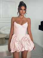 Cocoslly Strapless Sleeveless Short A-Line Pleated Prom Dress With Ruffles And Flower | Light Champage Satin ZA0278