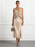 Women Champagne Glitter V Neck Sleeveless Dressy Top With Skirt Two-Piece Set