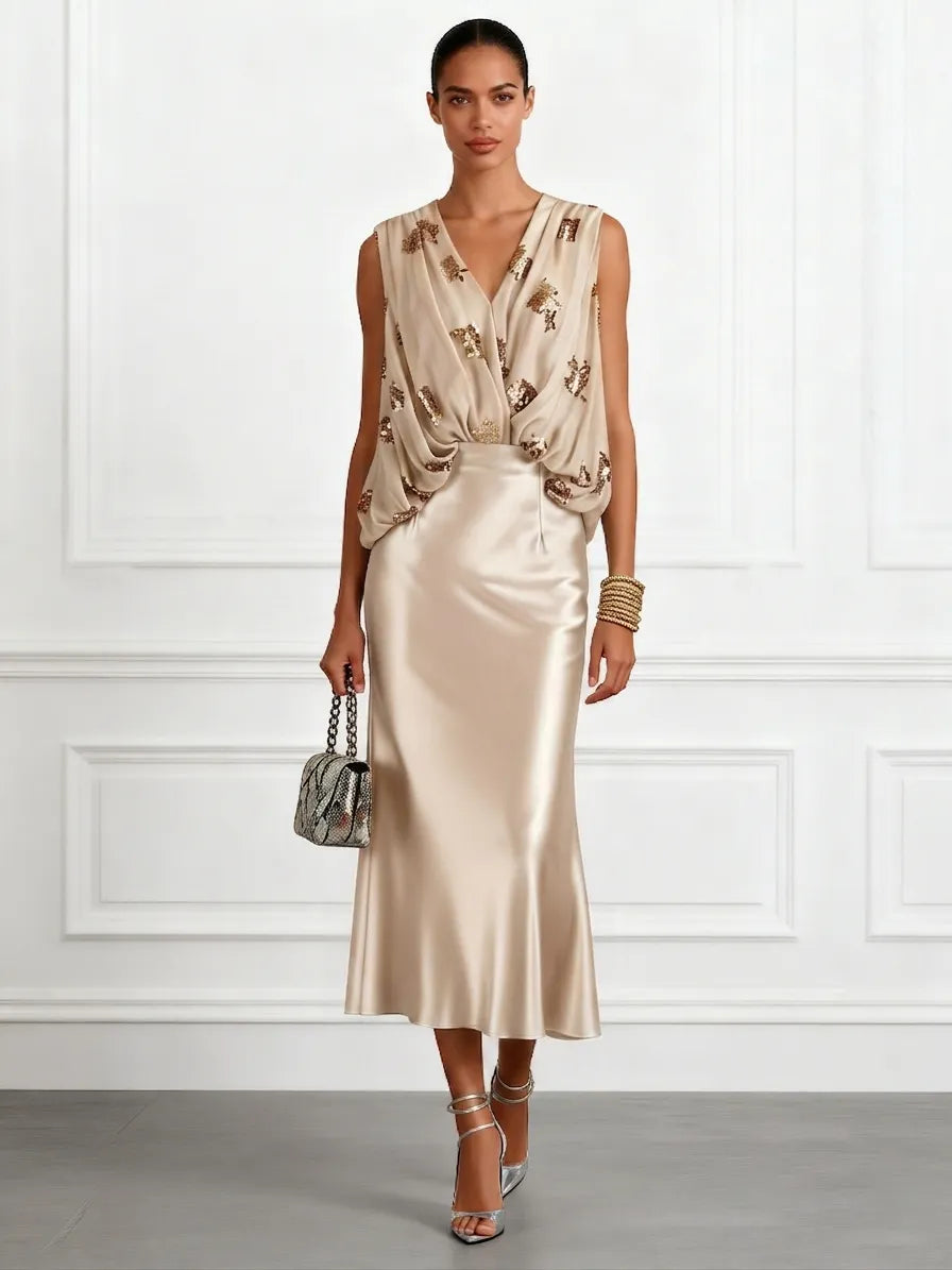 Women Champagne Glitter V Neck Sleeveless Dressy Top With Skirt Two-Piece Set