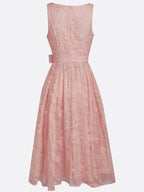 Deep Pink Bow Embroidery Classic V Neck Sleeveless A-Line Midi Dress With Pockets