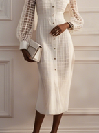 White Organza Shirt Dress Shirt Collar Long Sleeve Balloon Sleeve Sheath Midi Dress