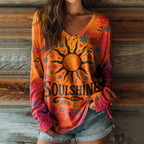 Women's Retro Peace Logo Hippie Art Print Casual V-neck Cotton T-shirt