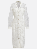 White Organza Shirt Dress Shirt Collar Long Sleeve Balloon Sleeve Sheath Midi Dress