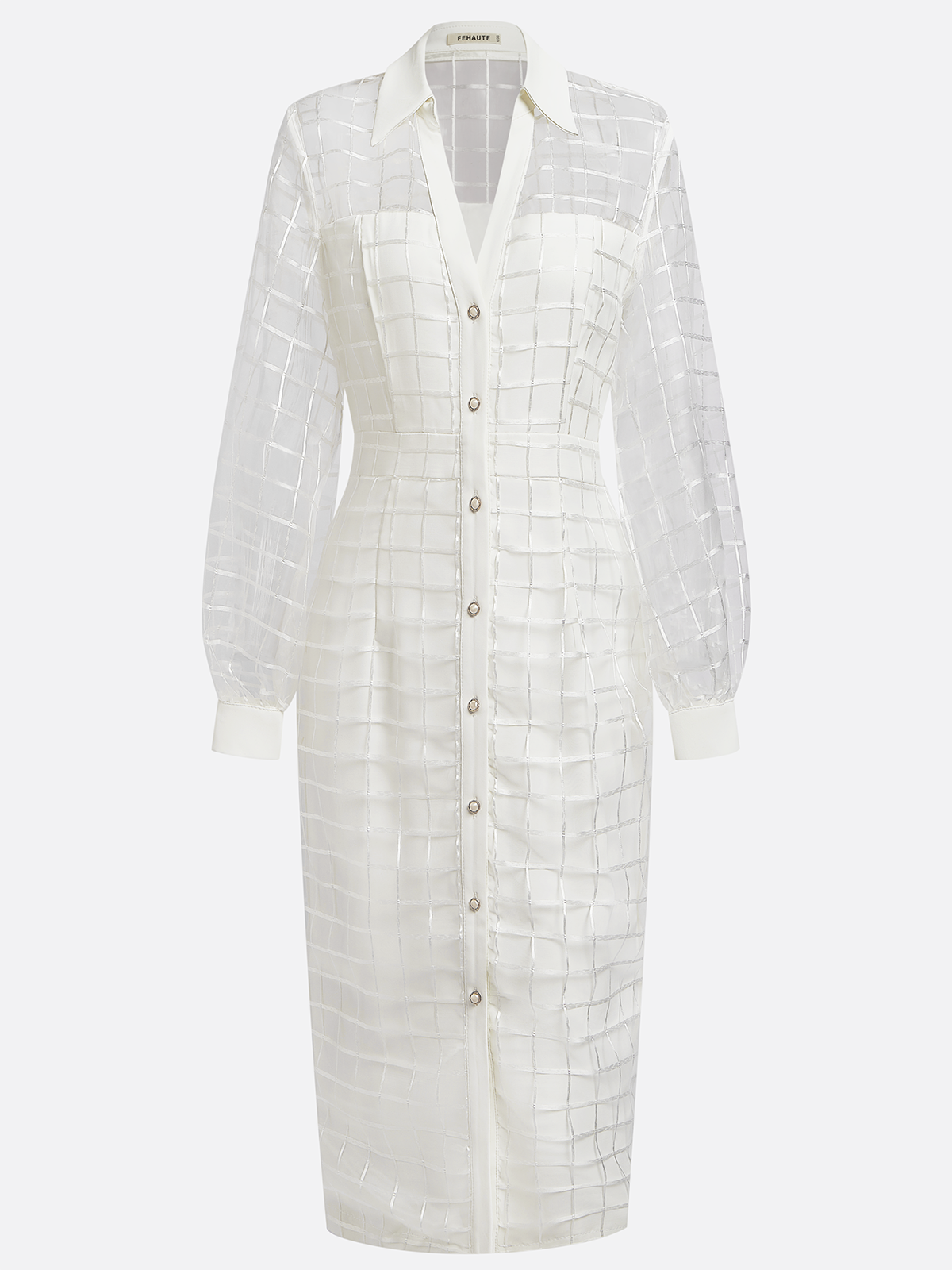 White Organza Shirt Dress Shirt Collar Long Sleeve Balloon Sleeve Sheath Midi Dress