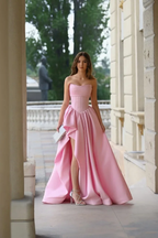 Pink Strapless Sleeveless A Line Long Split Prom Dress With Pleated ED0263