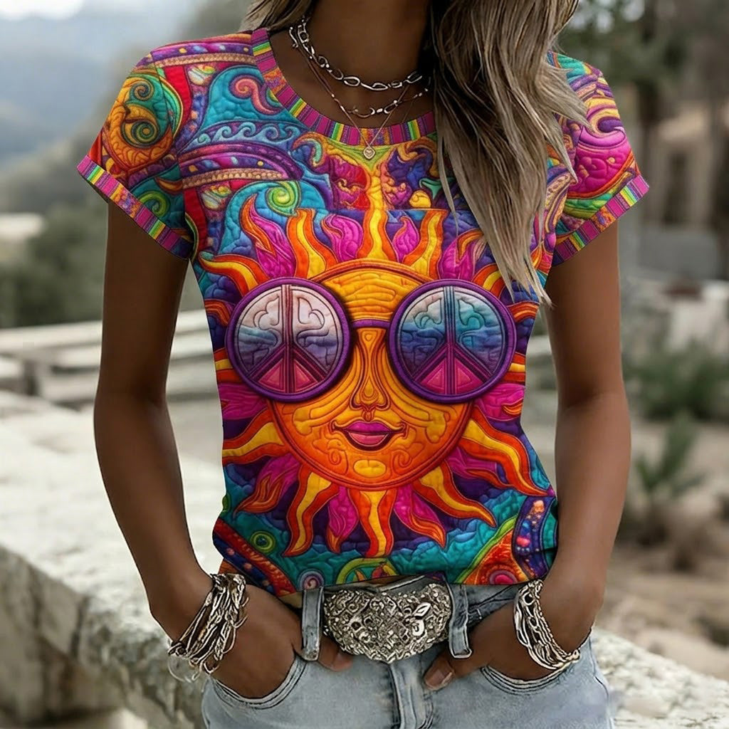 Women's Retro Hippie Sun Art Print Crew Neck Short Sleeve T-shirt