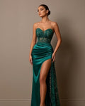 Cocoslly Spaghetti Straps Sleeveless High Waist Long Prom Dress With Split And Beading Pearls | Dark Green Satin LX0098
