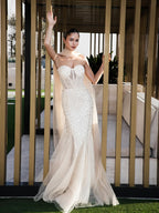 Cocoslly Strapless Sleeveless Long Mermaid Prom Dress With Rhinstone And Scarf | Champage Tulle CO0020