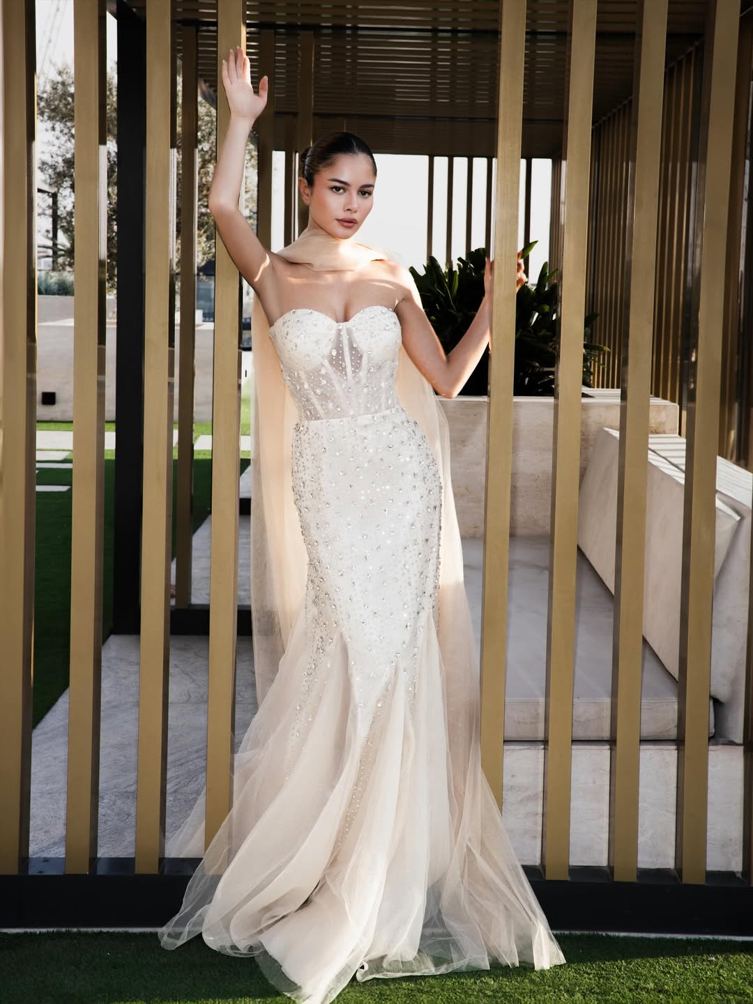 Cocoslly Strapless Sleeveless Long Mermaid Prom Dress With Rhinstone And Scarf | Champage Tulle CO0020