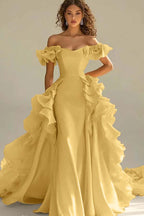 Off the Shoulder Sleeveless Long Mermaid Prom Dress With Ruffles JQ0149