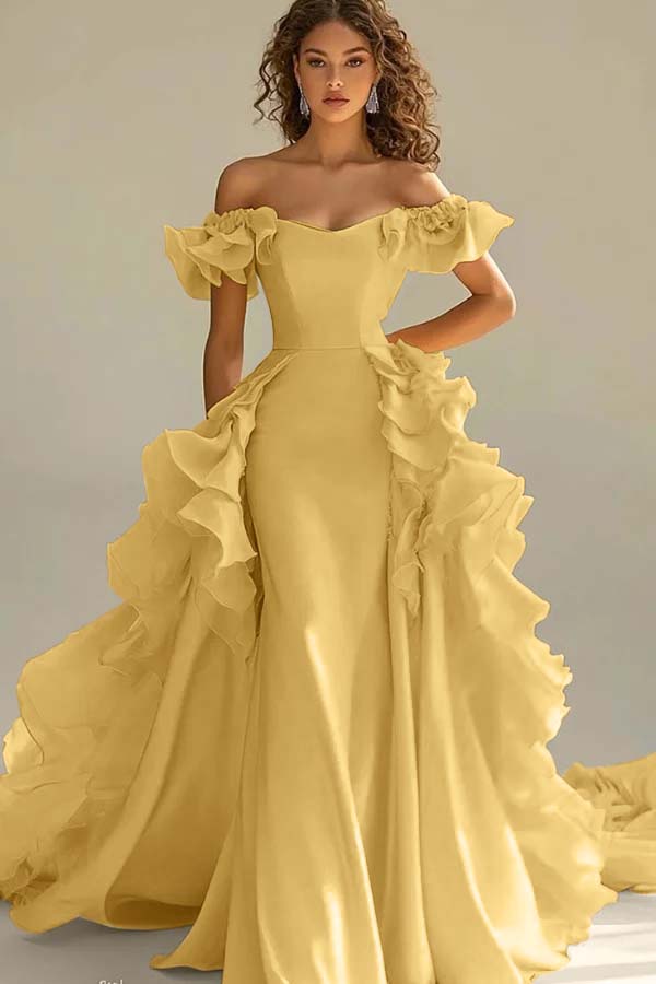 Off the Shoulder Sleeveless Long Mermaid Prom Dress With Ruffles JQ0149