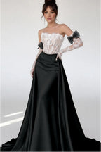 Cocoslly Strapless Sleeveless High Waist Long Mermaid Prom Dress With Long Sleeves And Lace | Blushing Pink Satin