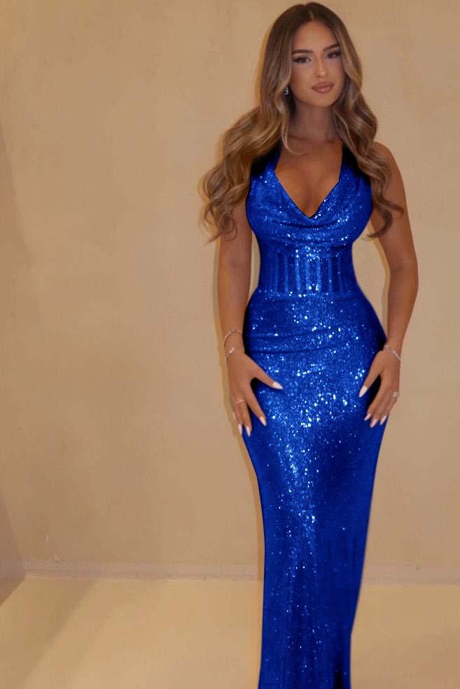 Sequin Halter Sleeveless Long Mermaid Prom Dress With Pleated WQ0091