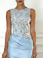 Blue Embroidery Satin Crew Neck Sleeveless Sheath Gown Dress
