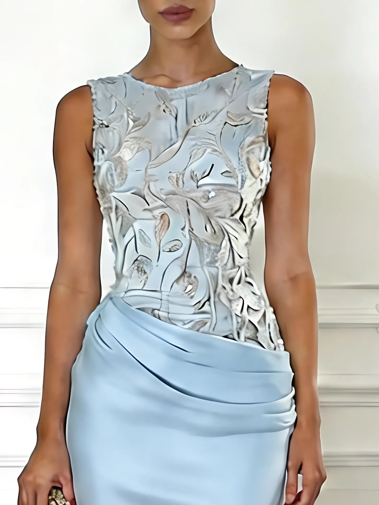 Blue Embroidery Satin Crew Neck Sleeveless Sheath Gown Dress