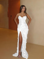 Cocoslly Strapless Sleeveless High Waist Long Mermaid Prom Dress With Split And Flowers | Silver Lace