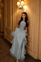 Cocoslly Strapless Sleeveless High Waist Long Prom Dress With Appliques And Ruffles | Nude Champage Chiffon LR0492