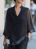 Sheer Flared Sleeve Cowl Neck Blouse With Satin Trim