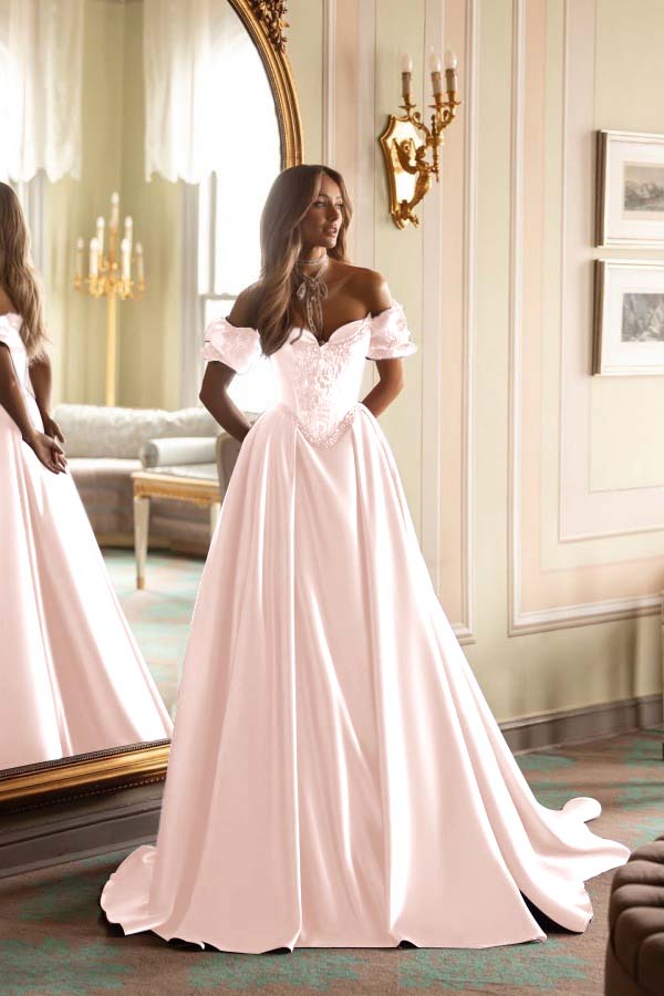 Satin V-Neck Off-The-Shoulder Short Sleeves Long A-Line Prom Dress With Embroidered And Pleated WQ0422