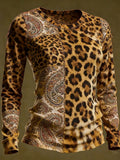 Vintage Hippie Leopard And Paisley Print Casual Crew Neck Top