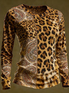 Vintage Hippie Leopard And Paisley Print Casual Crew Neck Top