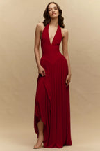 Cocoslly Halter V-Neck Sleeveless High Waist Long Prom Dress | Blushing Pink Chiffon YC0573