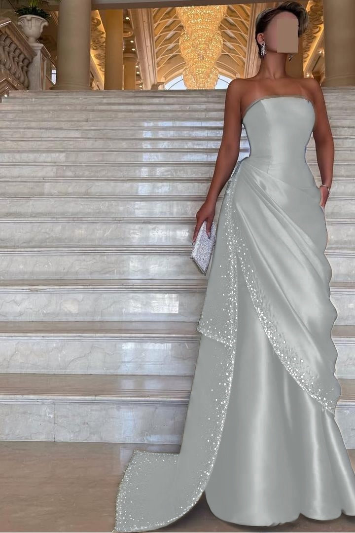 Chic Strapless Sleeveless Long Prom Dress With Pleated Beading WQ0094