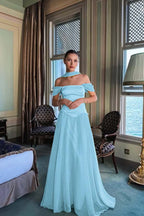 Stunning Off the Shoulder Sleeveless Long Prom Dress With Pleated WQ0225