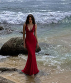 Cocoslly V-Neck Sleeveless High Waist Long Mermaid Prom Dress With Lace | Black Satin LX0099