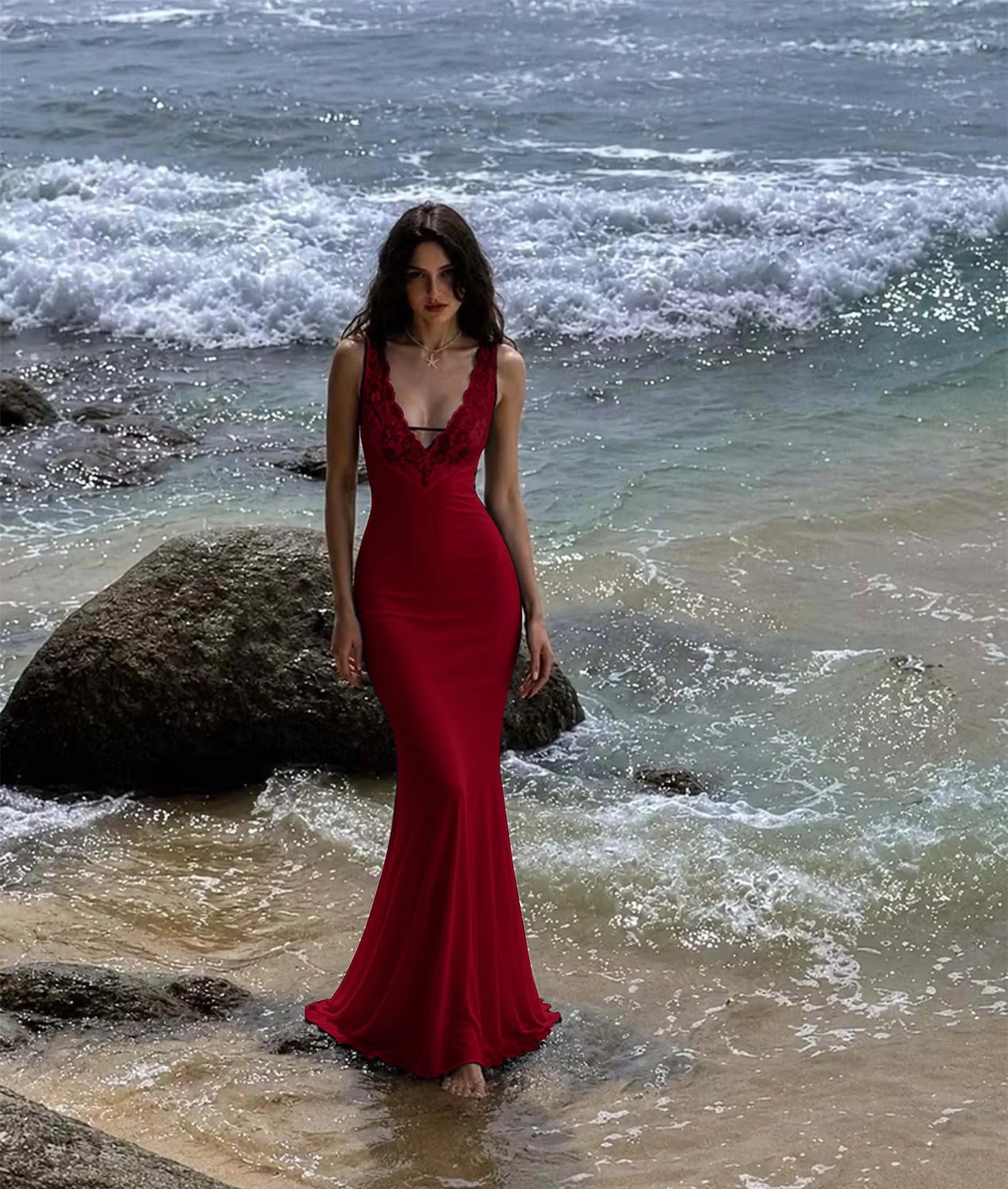Cocoslly V-Neck Sleeveless High Waist Long Mermaid Prom Dress With Lace | Black Satin LX0099