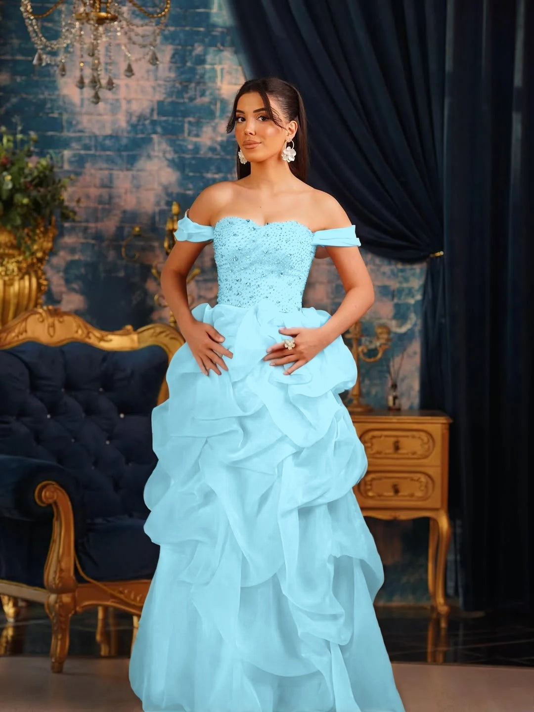 Tulle Strapless Off-The-Shoulder Sleeveless Long Pleated A-Line Prom Dress With Beadings And Rhinstone YK0769