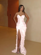 Cocoslly Strapless Sleeveless High Waist Long Mermaid Prom Dress With Split And Flowers | Silver Lace