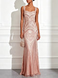 Light Pink Sequin Square Neck Sleeveless Mermaid Floor-length Gown Dress