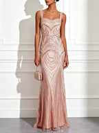 Light Pink Sequin Square Neck Sleeveless Mermaid Floor-length Gown Dress