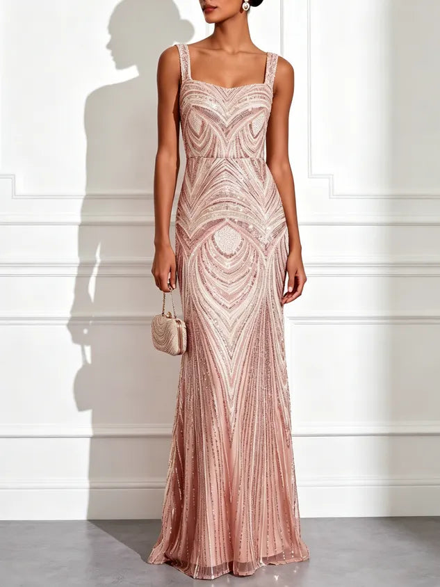 Light Pink Sequin Square Neck Sleeveless Mermaid Floor-length Gown Dress