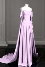 Cocoslly Off-The-Shoulder Pleated Long Prom Dress With Trailing On Both Sides | Purple Satin ZT0580