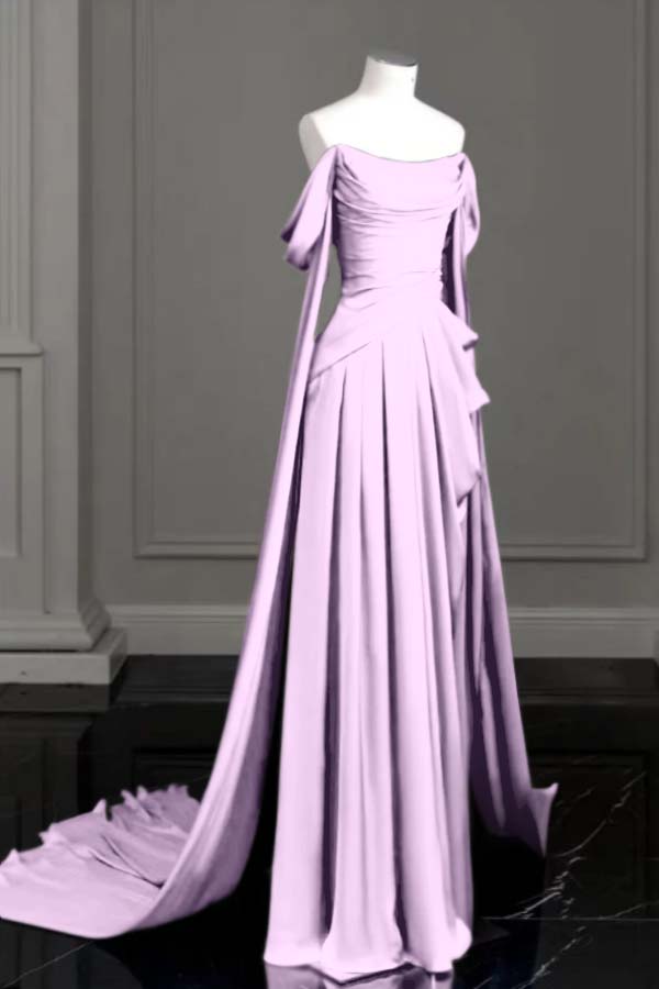 Cocoslly Off-The-Shoulder Pleated Long Prom Dress With Trailing On Both Sides | Purple Satin ZT0580