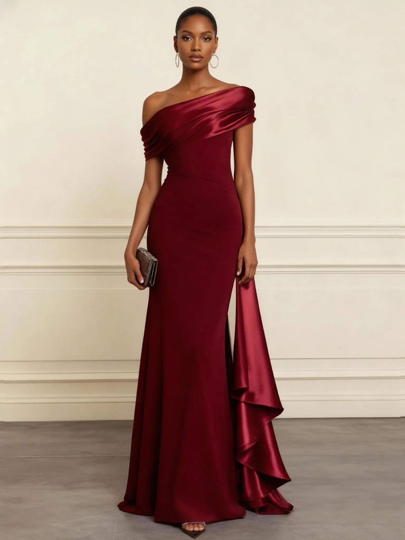 Wine Red Ruffled Classic One Shoulder Mermaid Maxi Dress